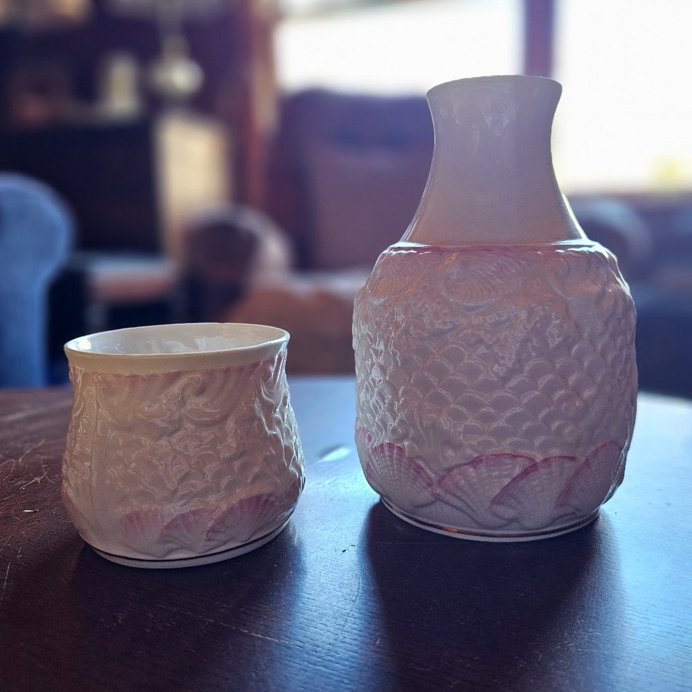 Vintage Belleek Ireland Porcelain 7 1/2” Carafe and Tumbler
